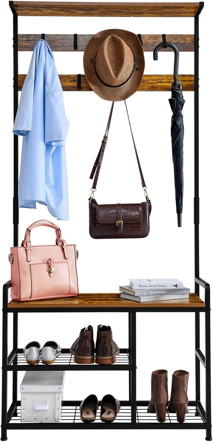 Mr IRONSTONE Coat Rack Shoe Bench, 3-in-1 Hall Tree Entryway Storage Shelf Coat Rack Stand with Hanging Bar and 9 Hooks Easy Assembly (Vintage)