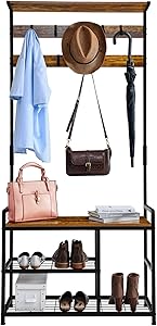 Mr IRONSTONE Coat Rack Shoe Bench, 3-in-1 Hall Tree Entryway Storage Shelf Coat Rack Stand with Hanging Bar and 9 Hooks Easy Assembly (Vintage)