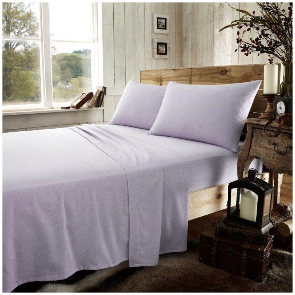 Super Soft Plain Dyed Flannel Sheet Set, Fitted Bedsheet With Pillow Case, 100% Brushed Cotton Flannelette Bed Linen, Purple, Single Size Bedding