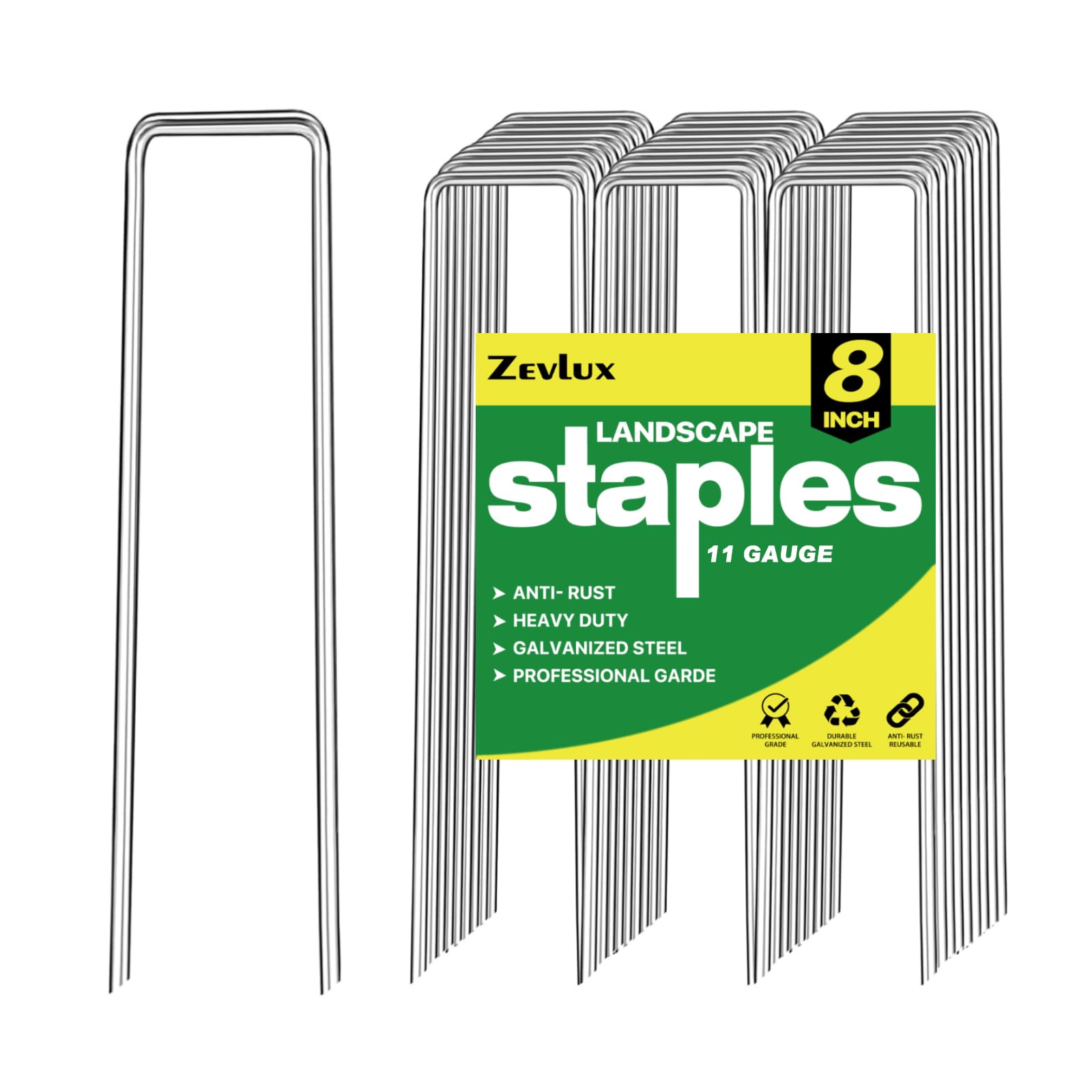 Zevlux Landscape Staples Galvanized Garden Stakes,8 inch 100 Pack 11 Gauge Heavy Duty Garden Pins for Fences, Lawns, Weed Barriers and Landscape Fabrics, Irrigation Hose,Yard Lawn, Landscape Fabric. Image