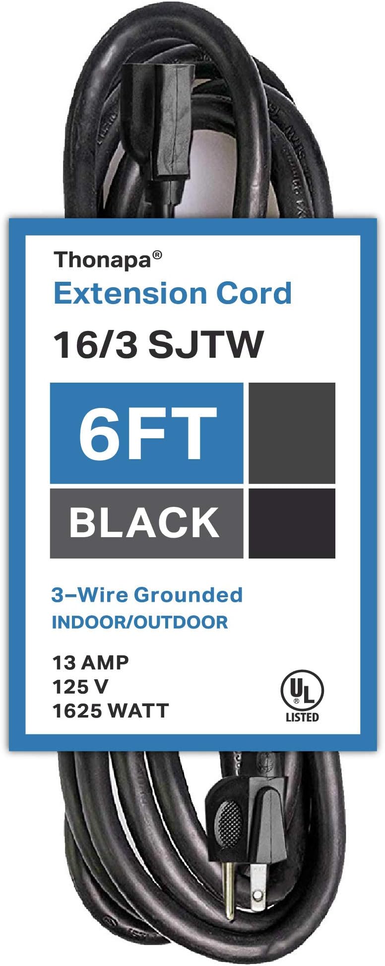 13 Amp Outdoor Extension Cord 6 ft, 16/3 SJTW 6 Foot Black Extension Cord 3 Prong, Weatherproof Exterior Power Cable for Outside Lights & Lawn, UL Certified - US Veteran Owned