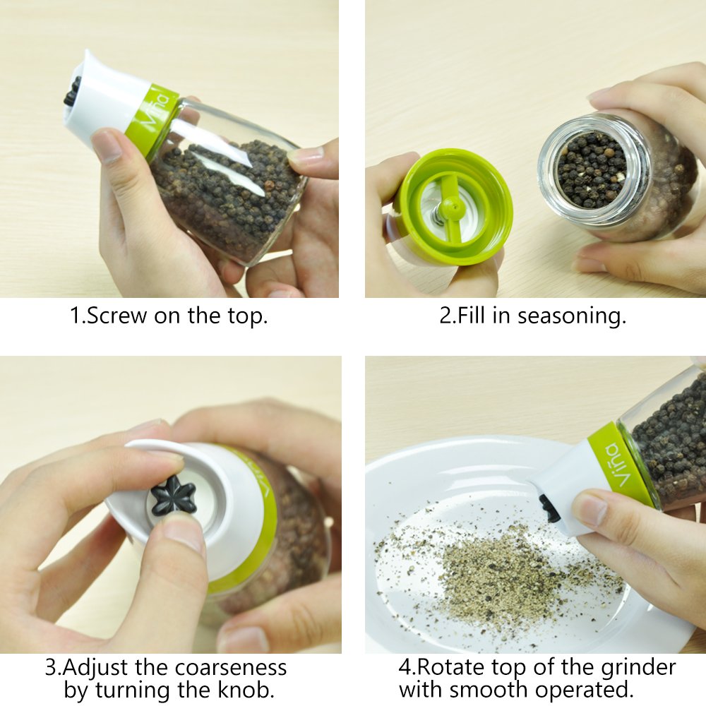 Vina Salt and Pepper Grinder Set with Matching Stand, Manual Salt and Pepper Shaker Mill , Adjustable Ceramic Grinding Mechanism - Free Garlic Roller As a Gift