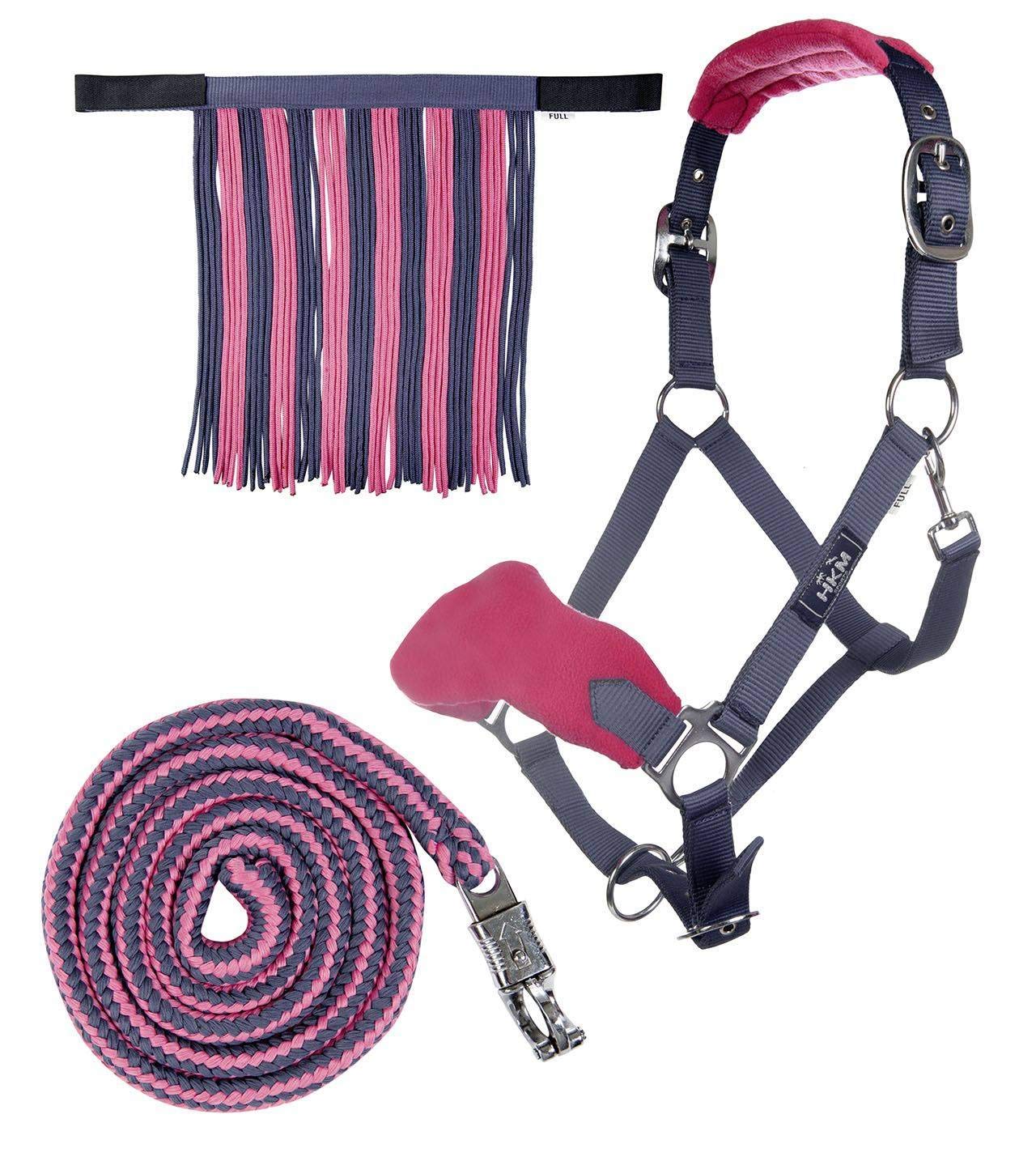 HKM Head collar set with panic hook & fly fringe Grey/Pink Cob