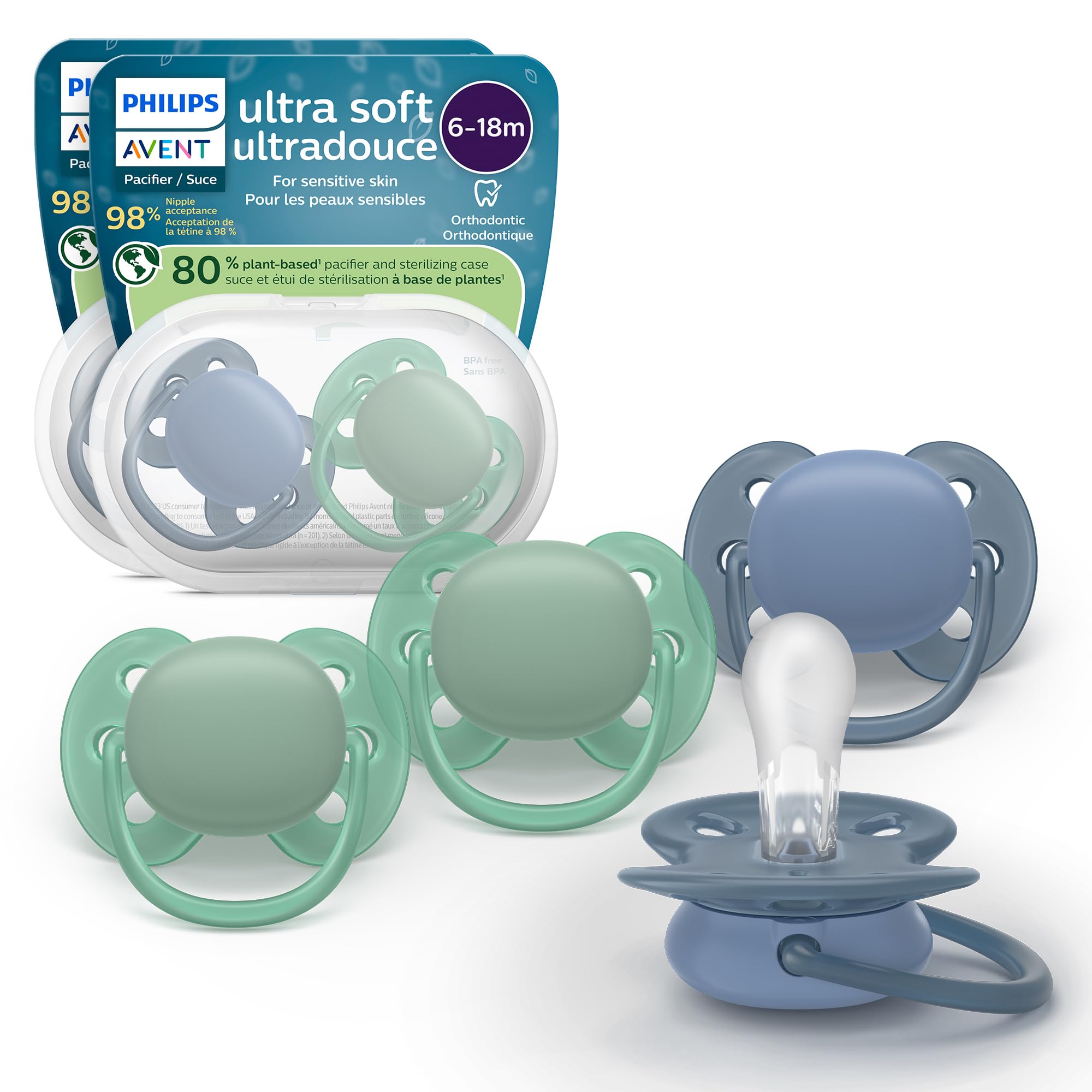 Photo 1 of Philips Avent Ultra Soft Pacifiers - Orthodontic Design, for Babies 6-18 Months, Flexible Shield, Silicone Symmetrical Nipple, BPA-Free, 2 Sterilizing Cases, 4 Pack, SCF091/51