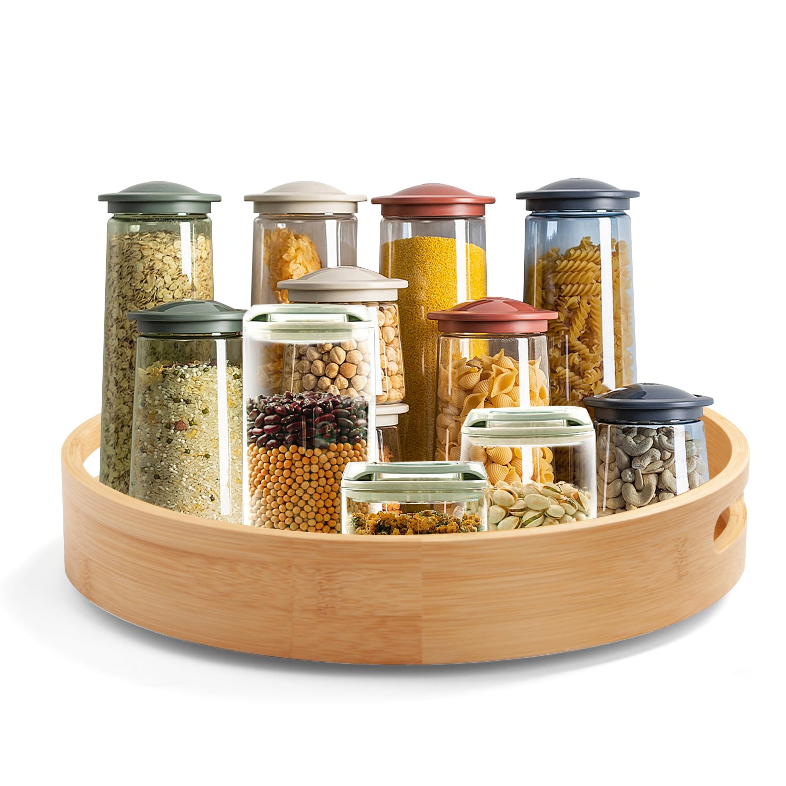 Photo 1 of 14in Bamboo Lazy Susan Pantry Organizer and Storage for Countertop and Spice Organization for Cabinet Round Rotating Serving Tray Turntable Seasoning Organizer for Kitchen Table Top