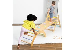 Avenlur Cedar 5-in-1 Wooden Indoor Gym Playset - Montessori Climber with Adjustable Triangle Ladder, Ramp, Arch Climber, Rocker, Slide, Puzzle Wall - Ages 18mo to 4yr - (Colored)