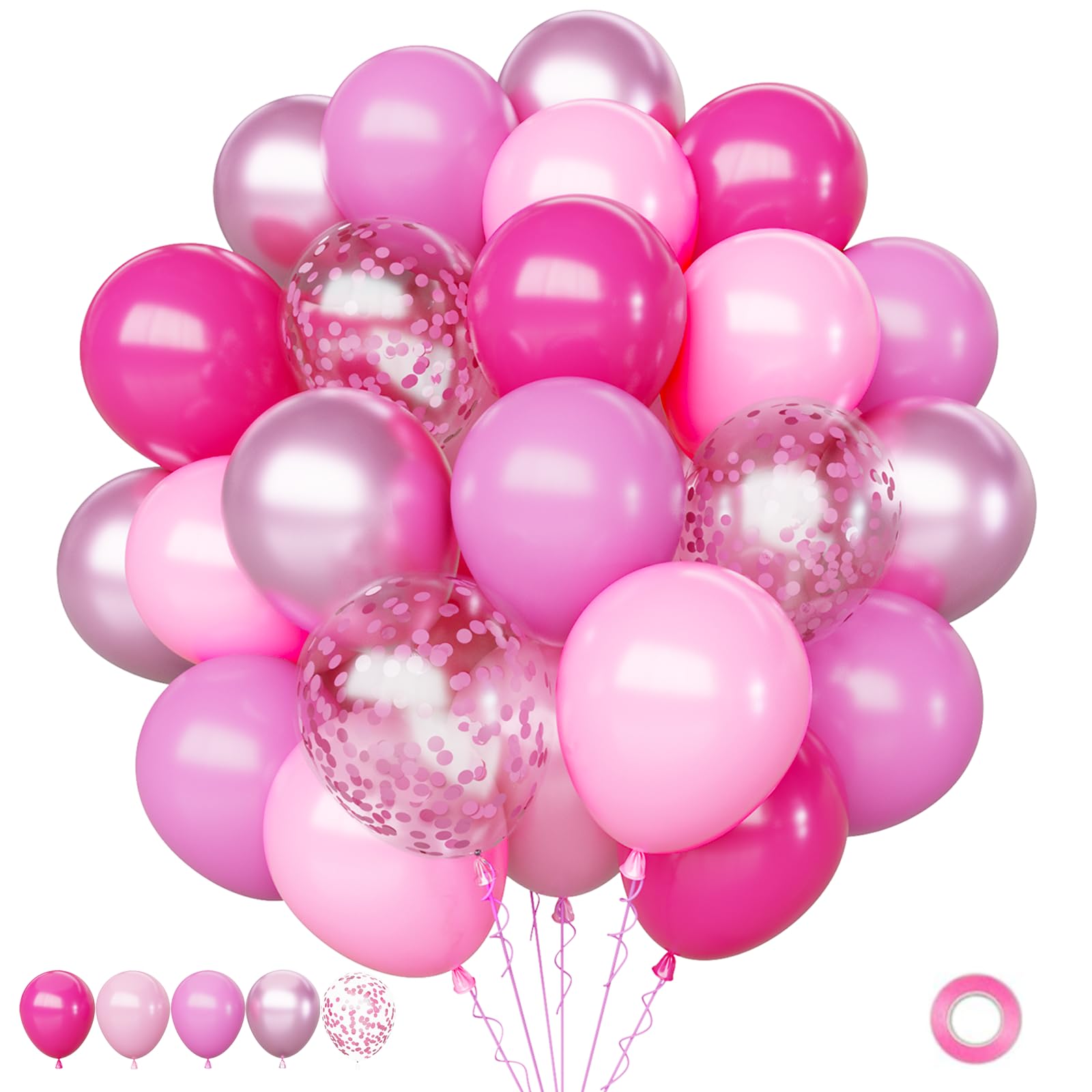 Pink Balloons Set, 63Pcs Hot pink Latex Balloons, 12Inch Pink Confetti Metallic Balloon for Girls Women Baby Shower Wedding Birthday Party Decorations
