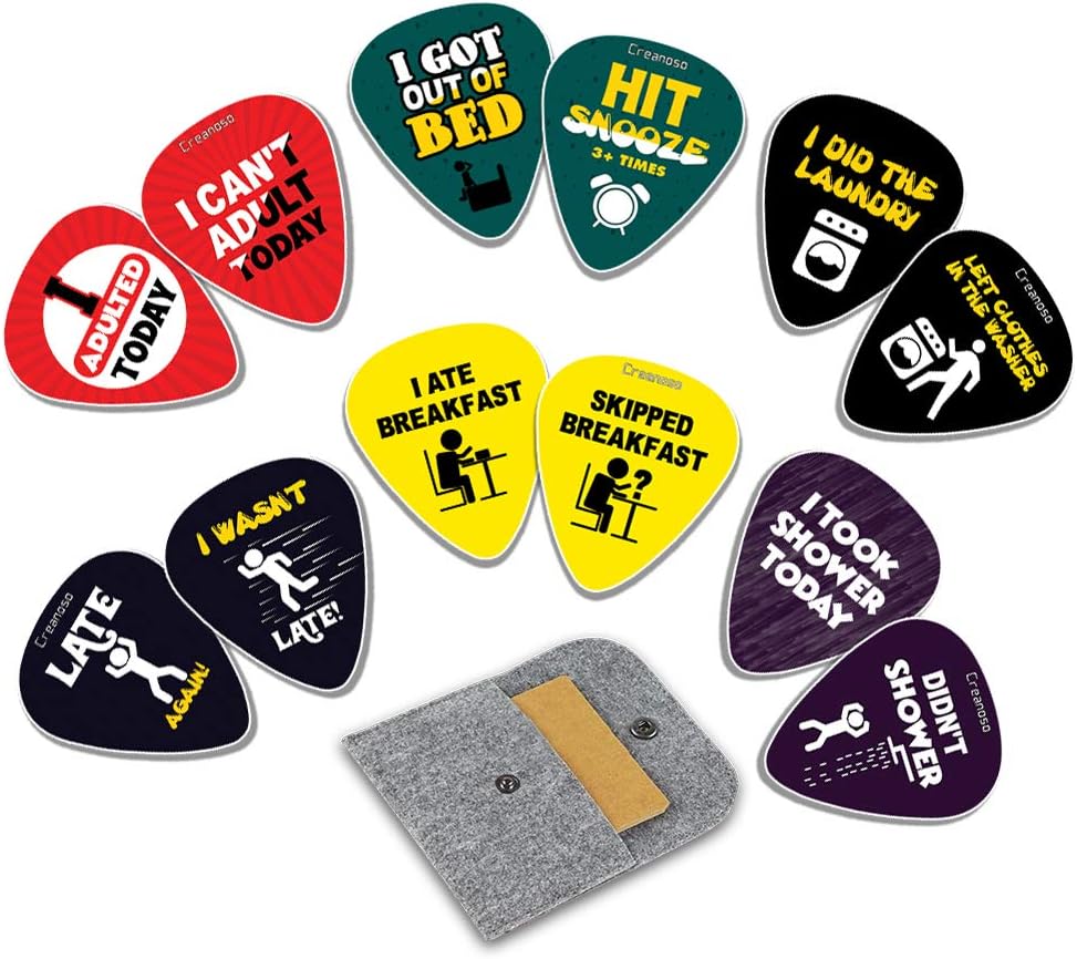 Creanoso Funny Guitar Picks, Adulting (12-Pack), Premium Music Gifts & Guitar Accessories for Musicians