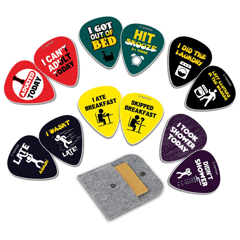 Creanoso Funny Guitar Picks – Adulting (12-Pack) - Premium Music Gifts & Guitar Accessories for Musicians – Medium Gauge Celluloid – Great Guitar Tool for Muscle Bound Musicians.