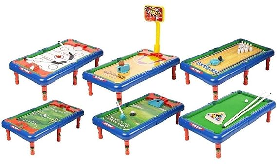 Sanyal 6 in 1 Action Table Outdoor Indoor Sports Toys with Multiple Gaming Accessories i.e. Combination of Bowling Set, Pool, Golf, Hockey, Soccer, Basketball Games (Small Table Top)