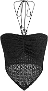 CIDER Halter Tops for Women Ruched Front - Backless Crop Tank Going Out Handkerchief Hem Knit