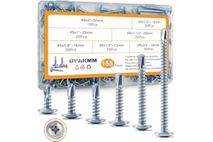 GVAKMM Sheet Metal Screws Assortment Kit,#8 Self-Tapping Screws Set for Metal,155pcs,6 Sizes(2'',1-1/2'',1'',3/4''，5/8'',1/2'')Modified Truss Head Zinc-Plated Self-Drilling Tek,for Wood,Metal,Plastic