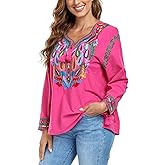 YZXDORWJ Women's Mexican Long Sleeve Blouse Embroidered Traditional V Neck Top Boho Tunic