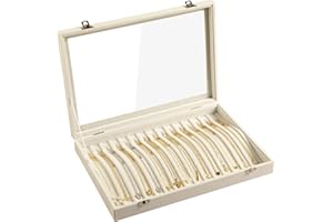 Frebeauty 15 Hooks Necklace Tray Velvet Neckalce Organizer with Clear Lid Lockable Necklace Holder Box Jewelry Organizer for Pendants Chains Necklace Jeweley Tray for Women Girls(Beige)