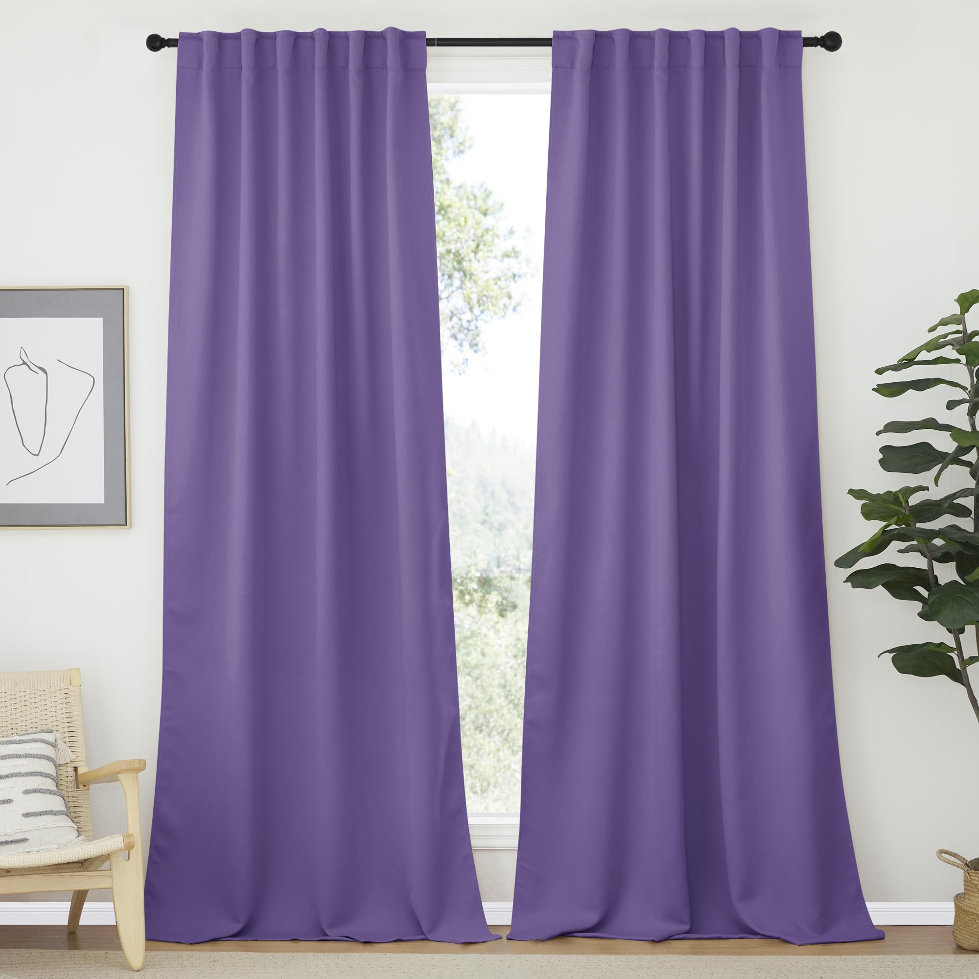 NICETOWN Bedroom Blackout Curtain Panels - (Lilac Purple Color) 52 x 108 Inch, 2 PCs, Insulating Energy Saving Solid Rod Pocket Blackout Drapes for Hall, Villa Image