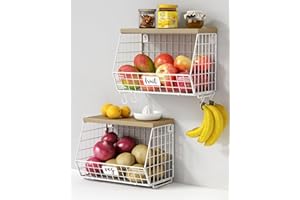 Goozii White Wire Basket Fruit Storage for Kitchen Counter Set of 2, Wall Mount Fruit Basket with Shelf with Banana Hanger, H