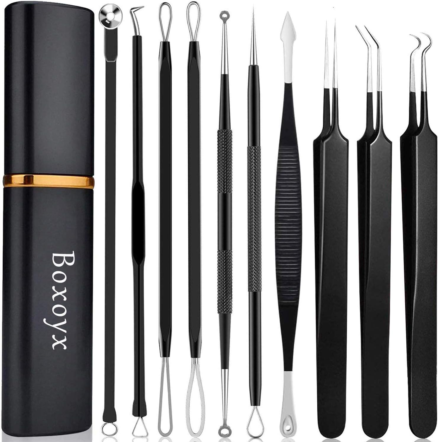 Pimple Popper Tool Kit - Boxoyx 10 Pcs Blackhead Remover Comedone Extractor Kit with Metal Case for Quick and Easy Removal of Pimples, Blackheads, Zit Removing, Forehead,Facial and Nose（Black)