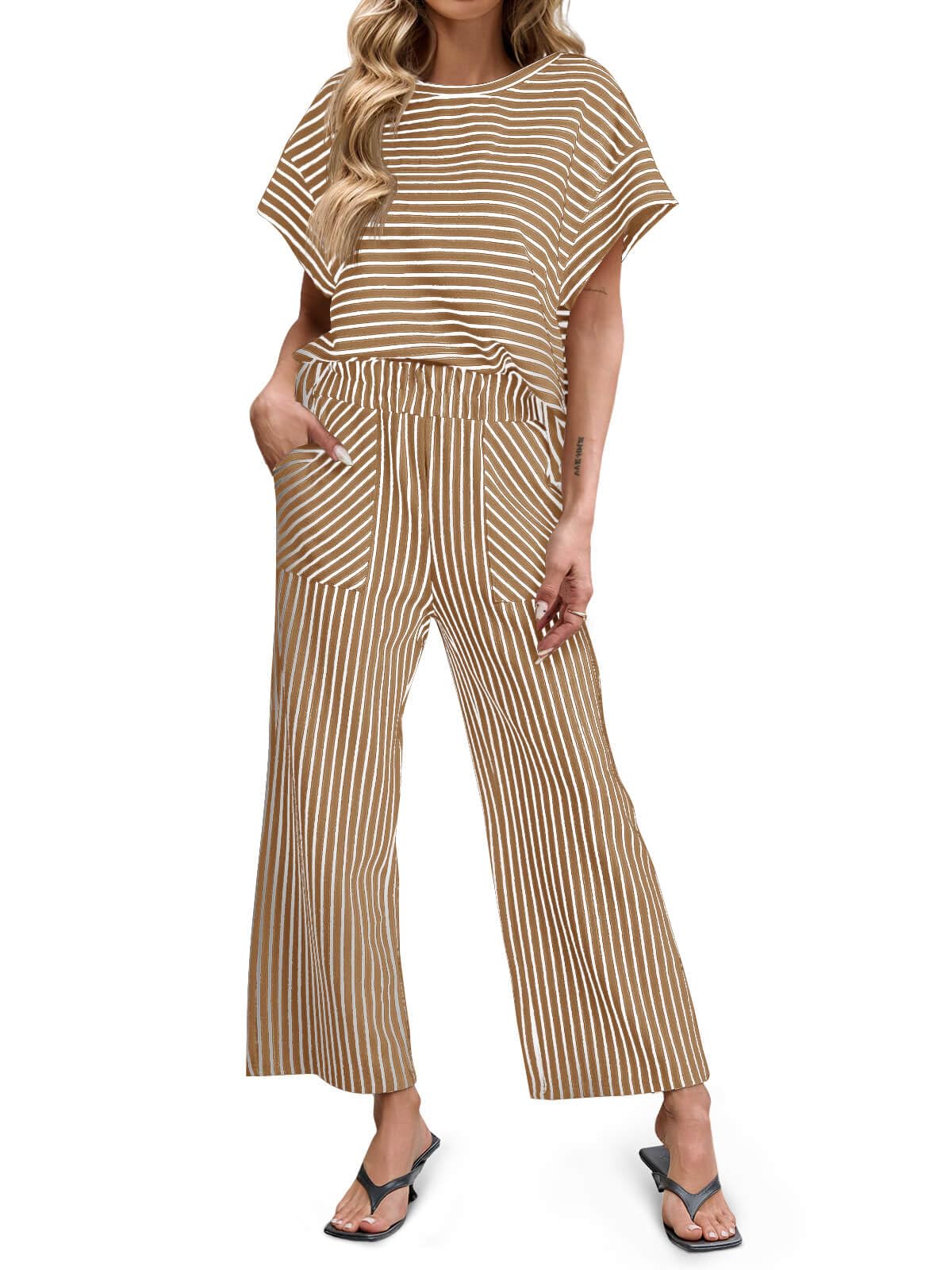 Photo 1 of *MISSING TOP** Tankaneo Womens Striped 2 Piece Sets Short Sleeve T Shirts Wide Leg Pants Matching Lounge Set with Pockets