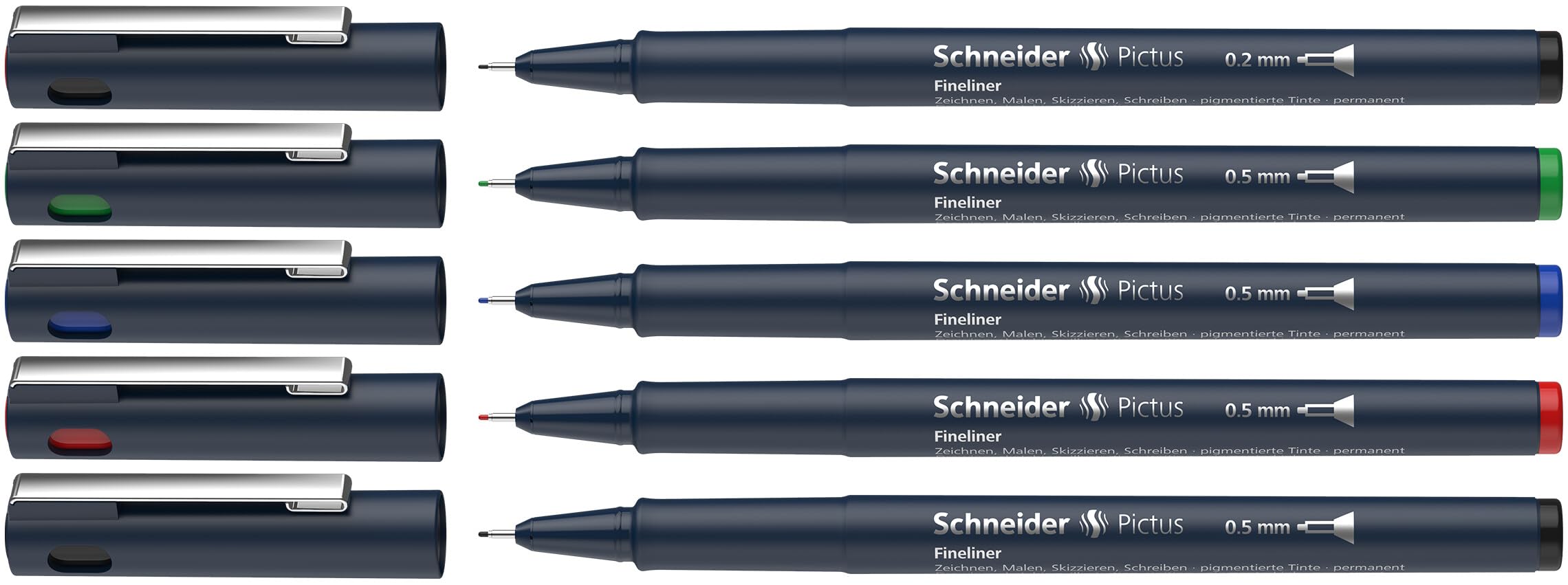 Schneider Pictus Fineliner (Line Widths: 0.2 and 0.5 mm, Indelible Pigmetliner, Metal-Encased Tip, Housing Made of 85% Recycled Plastic), Assorted Colours, Pack of 5