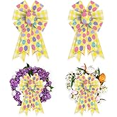 Estivaux 2 Pieces Easter Bows for Wreath, Happy Easter Wreath Bows Yellow Burlap Bows Colorful Eggs Bows Bows for Front Door Easter Spring Birthday Party Decorations