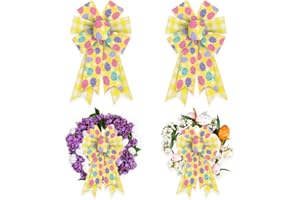 Estivaux 2 Pieces Easter Bows for Wreath, Happy Easter Wreath Bows Yellow Burlap Bows Colorful Eggs Bows Bows for Front Door Easter Spring Birthday Party Decorations