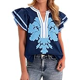 Cicy Bell Womens Ruffle Color Block Blouses Summer Casual V Neck Floral Print Tank Tops Pleated Loose Fit Shirts