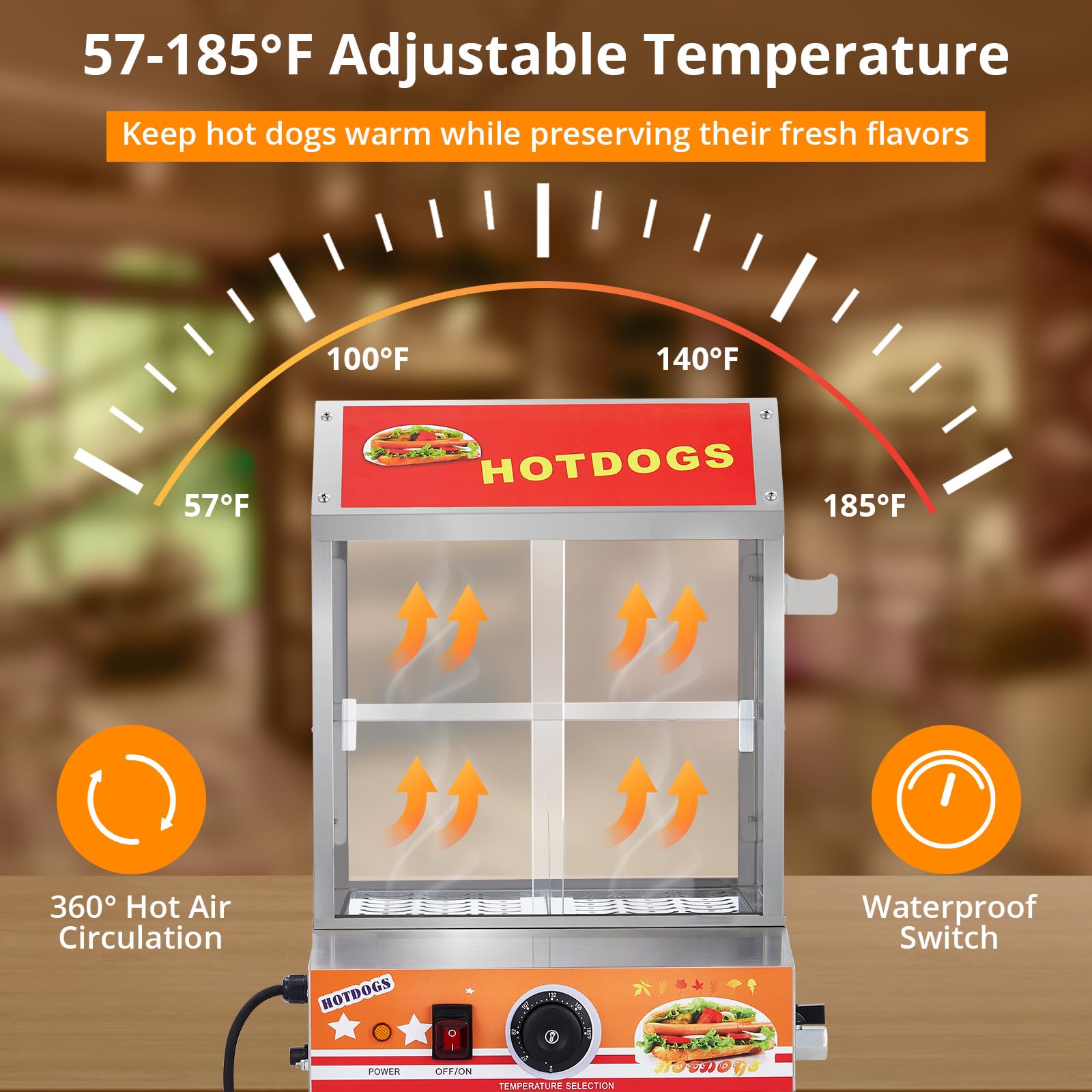 ACONEE Hot Dog Steamer, 2-Tier Hot Dog Steamer with Bun Warmer Adjustable Temperature, 28.5 QT Electric Bun Warmer Cooker Glass Sliding Door Partition, Stainless Steel, Steaming 175 Hot Dogs & 40 Buns