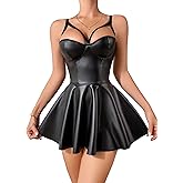 Hilinker Womens Sexy Faux Leather Dress Underwire V Neck Backless Lingerie Mini Dresses Club Outfits