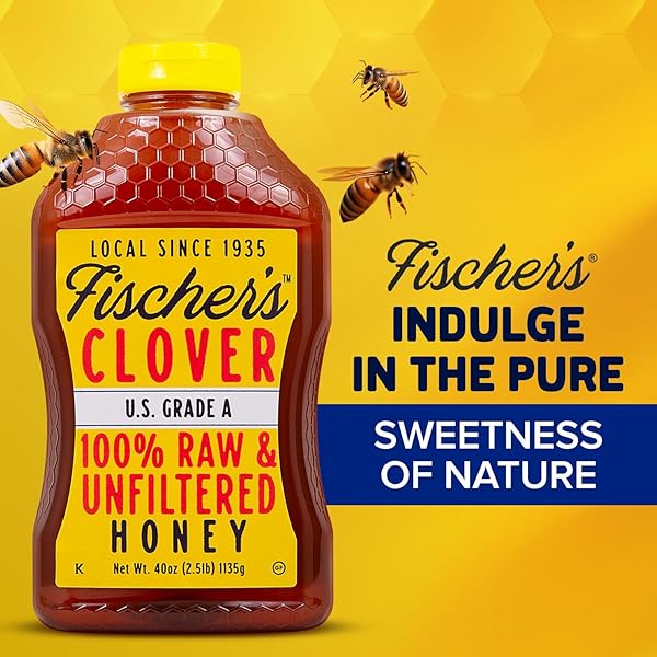 FISCHER’S HONEY CLOVER HONEY 40 OZ – 100% PURE, RAW AND UNFILTERED HONEY IN A SQUEEZE BOTTLE – ALL-NATURAL SWEETENER – RICH FLAVOR PROFILE, PACKED WITH NUTRIENTS
