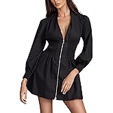 Meyhad Womens Long Sleeve Mini Dress V Neck Smocked Zipper Dress Casual A Line Short Dress with Pockets