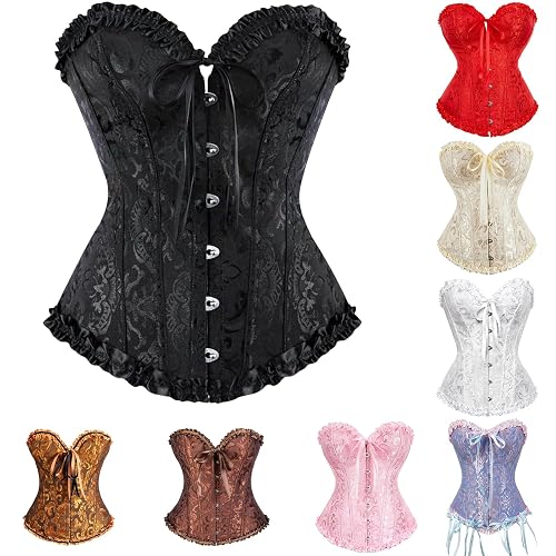 Women'S Corset Top Lace Up Satin Boned Overbust Bustier Top Vintage Bridal Lingerie Bodyshaper Halloween Gothic Underbust Sexy Bodysuit Wedding Cosplay Plus Size Bustier Lingerie Bodyshapers Black