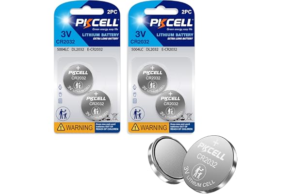PKCELL CR2032 Lithium Battery 4-Pack for Key Fob Watches 5-Year Shelf