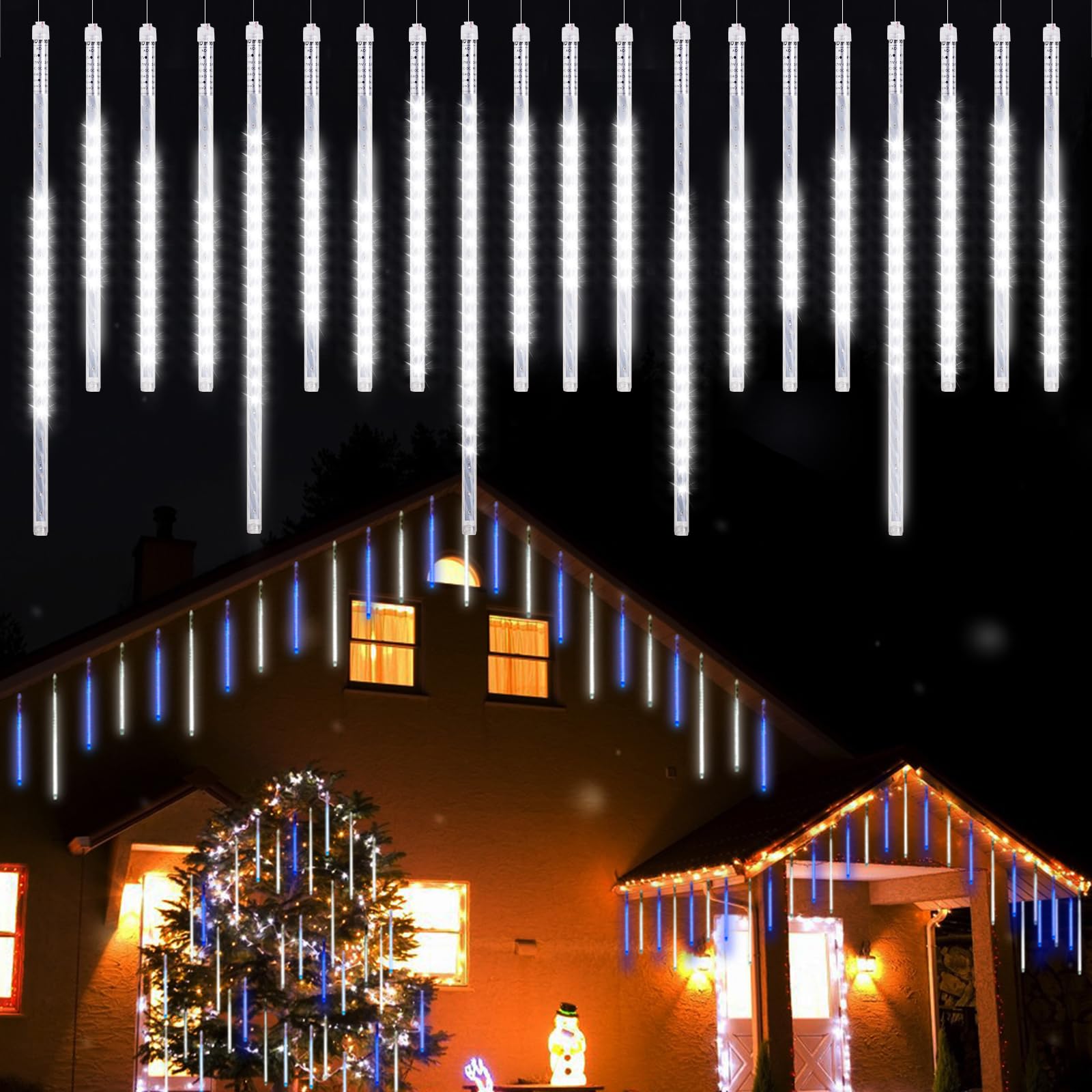 Vikdio Christmas Lights Outdoor, Meteor Shower Lights 20 Spiral Tubes 50-30cm 720 LEDs 6.65m Lit Length, Waterproof Snowfall Icicle Lights for Outdoor Xmas Decoration Party Tree Window (White)