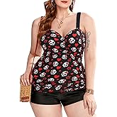 ROSE GAL Rosegal Plus Size Women 2 Piece Swimsuit Skull Heart Print Ruched Tummy Control Tankini Swimwear