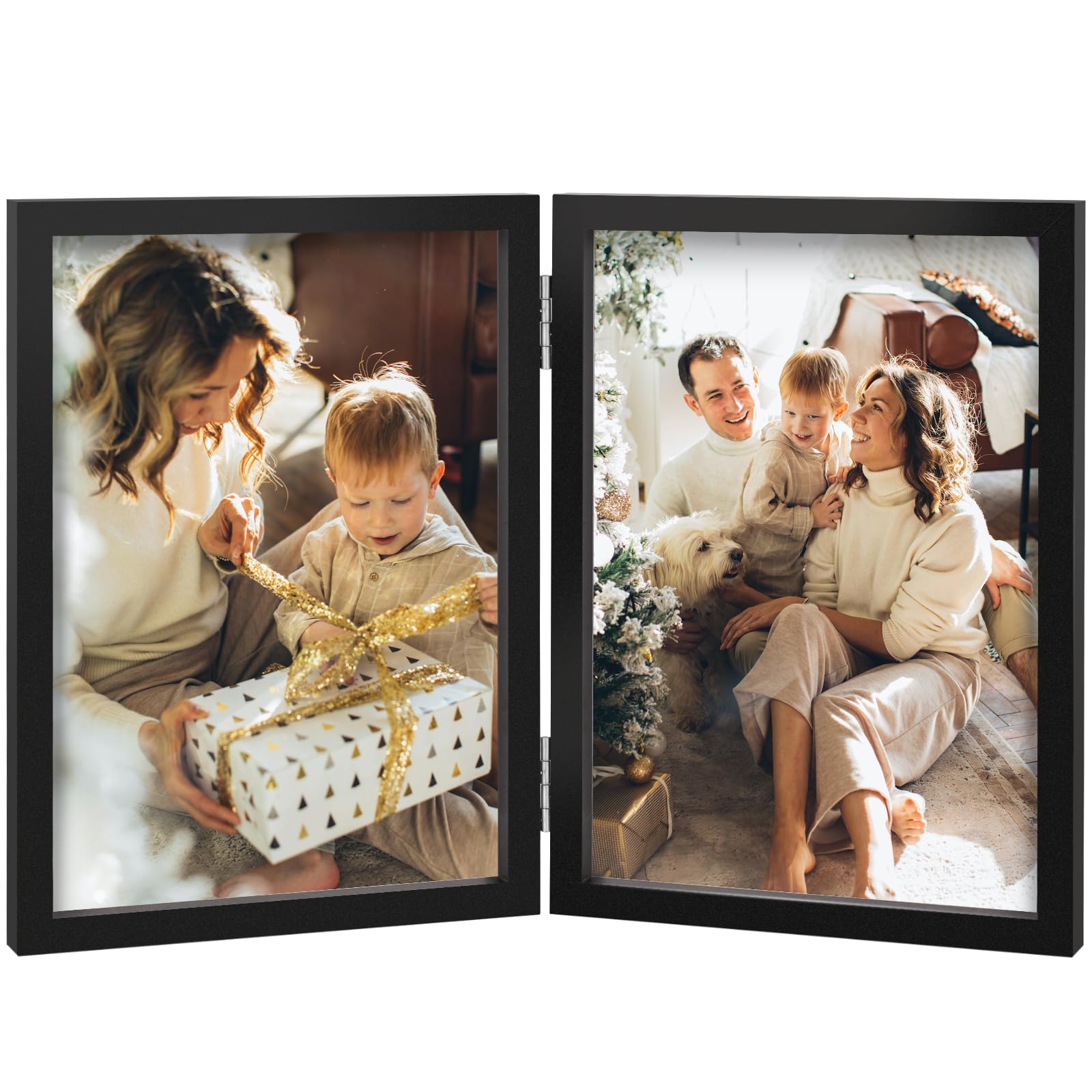 Double Photo Frame 5x7 Hinged Folding Wood Picture Frame with Glass Front Stand Vertical on Desktop Black