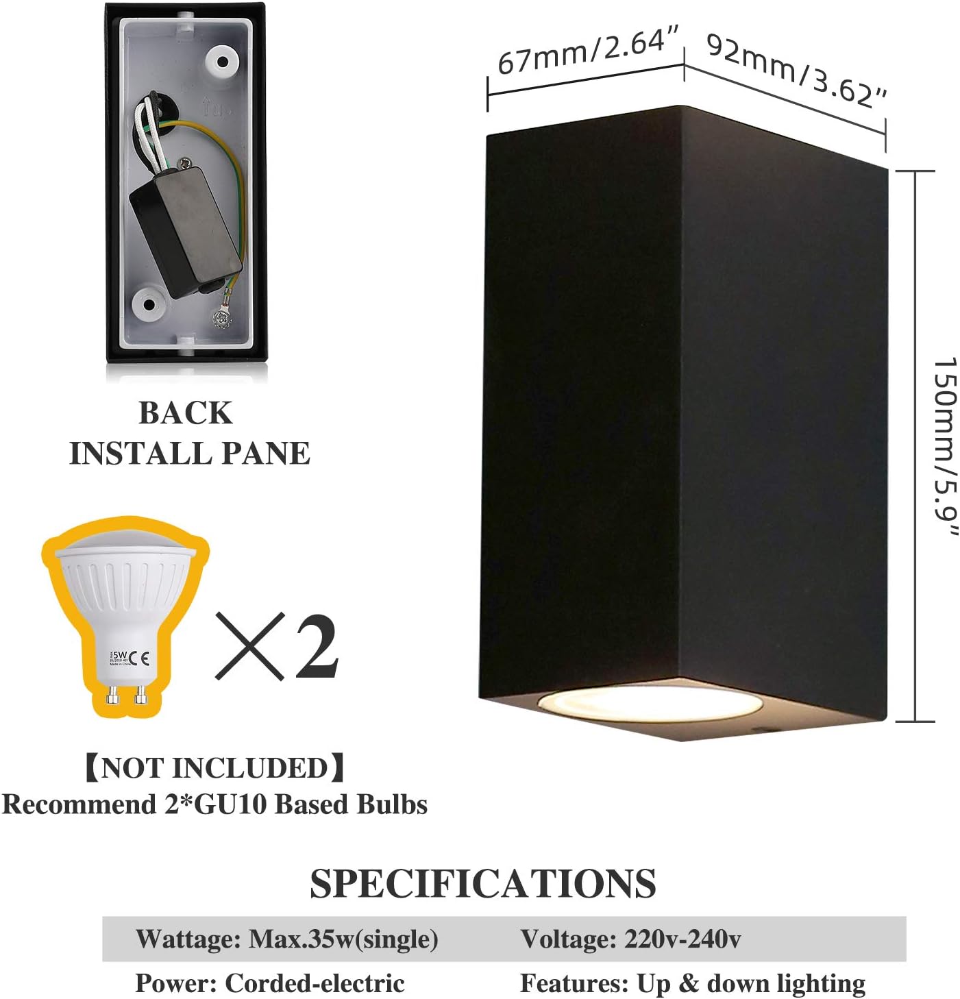 HLFVLITE 2 X Black Outside Wall Light Aluminium Up Down Outdoor Wall lamp, GU10 Exterior Wall Sconce - Image 3