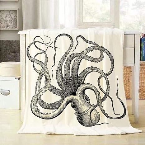 Hirkeld Manta de Tiro de Pulpo Blanco y Negro Pulpo Grabado Vintage