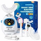 FanHwaDaiMung Kids U-Shaped Electric Toothbrush, Voice Guidance & Music Guided Brushing, 4 Brush Heads, 3 Modes, 360° Gentle Silicone, Type-C Charging, for Ages 3-12 (Heroic White)