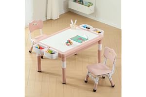 Hulaibit 4 in 1 Kids Table and Chairs Set, Toddler Activity Table with Storage, Graffiti & Building Blocks Double-Sided Table