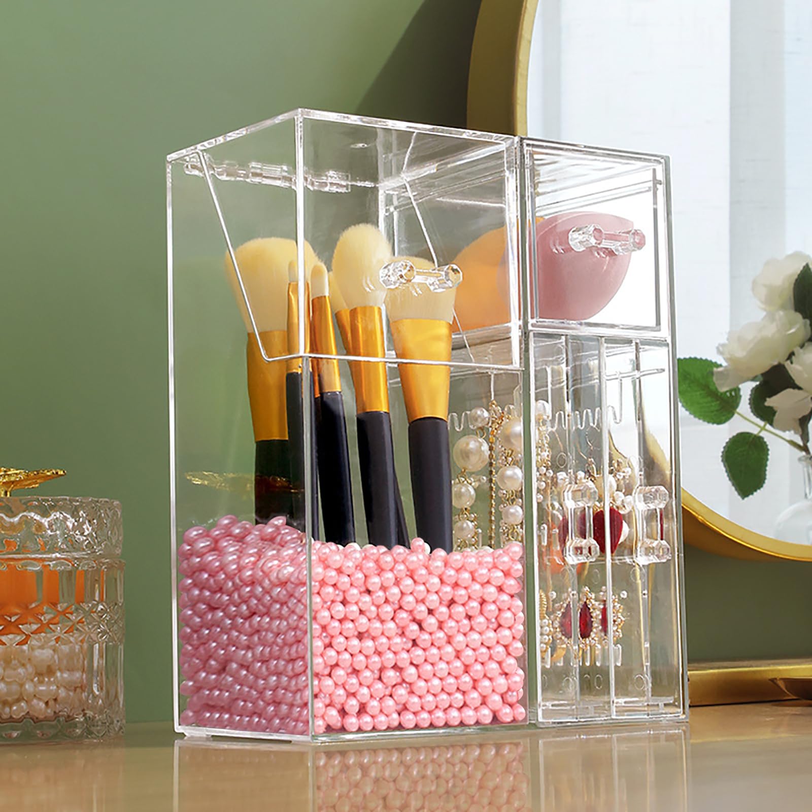 Andchi 2-in-1 Cosmetic Brush Container Desk Organizer Makeup Brush and Earrings Storage Jewelry Organizer Dustproof Acrylic with Pink Pearl