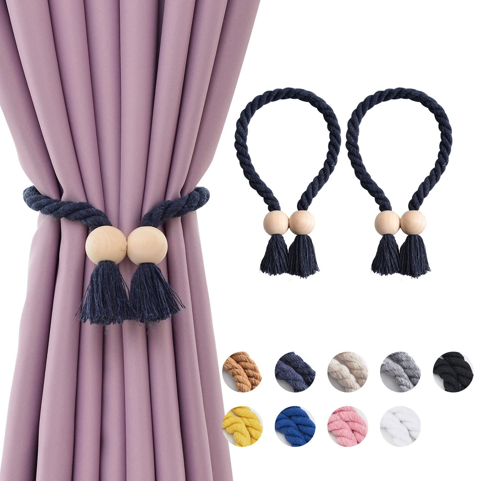Pretty Jolly 2 Pack Wooden Ball Magnetic Curtain Tiebacks Boho Home Decor Drape Tie Backs Natural Cotton Hand Woven Rope Curtain Holdbacks for Thin & Thick Home & Office Window Draperies (Dark Blue)