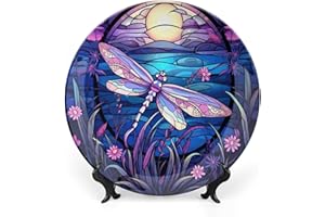 GOKAYS Decorative Plates for Home Decor, Bright Color Dragonfly Purple Stained Glass Print Decor Tray for Table Display, Ceramic Dinner Plate W/ Stand, Living Room Decor, Gifts for Dragonfly Lover, 8 Inch