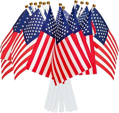 AhfuLife 15pcs American Flags on Sticks 30cm White Pole Hand Held Flags