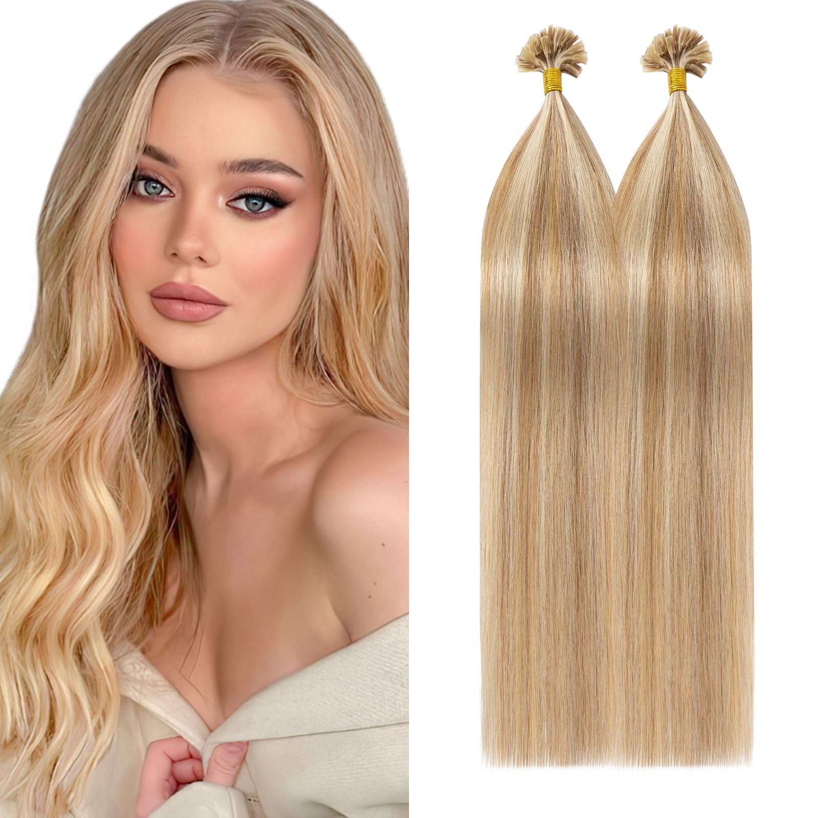 Silk-co U Tip Pre Bonded Hair Extensions Strands Keratin Nail Tip Straight Human Hair Extensions U tip Real Remy Hair 100 Strands Keratin Nail Til 18"-100g #12P613 Golden Brown&Bleach Blonde