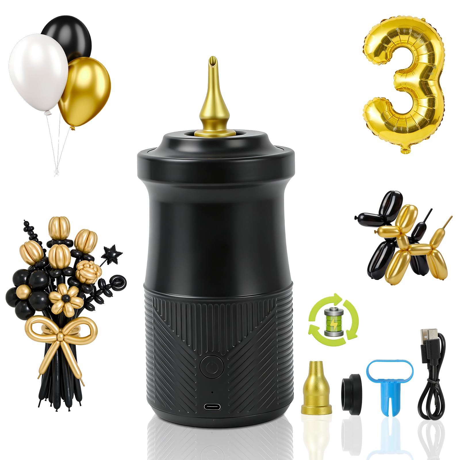 AXHJ Balloon Pump Electric, Rechargeable Cordless Balloon Inflators with Type-C, Blower Machine for Long Balloons, Foil Twisty Animal Latex Balloons in Birthday Party for Decorations, Black Gold Image
