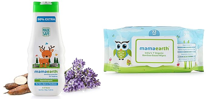 Mamaearth dusting Powder with Organic Oatmeal & Arrowroot Powder 150g & Indias First Organic Bamboo Based Baby Wipes (72 Wipes) Combo