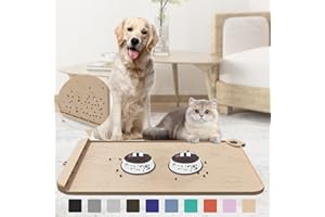 ZIRWTI Pet Feeding Mat, Dog Food Mat, Silicone Pet Feeding Mats with Residue Collection Pocket, Waterproof Dog Cat Bowl Mats for Food and Water with Edge and Hook, Tray for Dog Bowls (Beige, 18''x12'')
