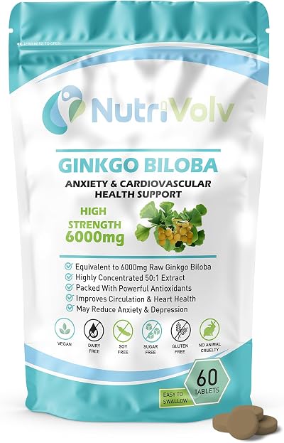 NutriVolv Ginkgo Biloba 6000mg 60 Tablets Brain Memory Focus Anxiety