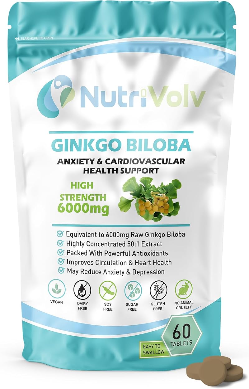 NutriVolv Ginkgo Biloba 6000mg 60 Tablets Brain Memory Focus Anxiety