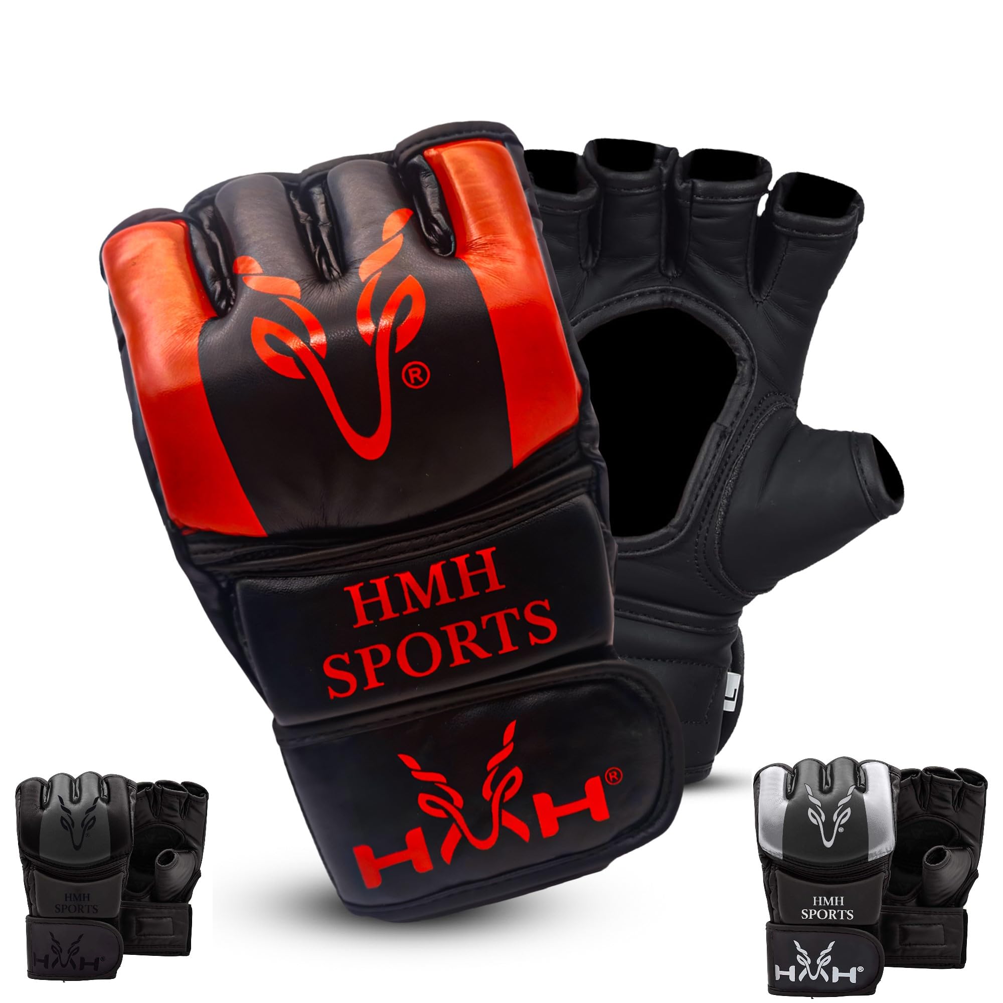 HMH Sports MMA Gloves for Grappling Martial Arts, Open Palm Maya Hide ConvEX Leather Sparring Mitts for Cage Fighting, Kickboxing, Punching Bag, Muay Thai and Combat Training